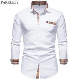 Camisas casuales para hombres PARKLEES 2022 Otoño Plaid Patchwork Formal para hombres Slim Manga larga Blanco Botón Up Camisa Vestido Oficina de negocios Camisas