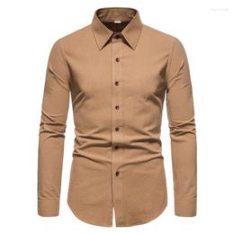 Camisas informales para hombre PARKLEES 2022, camisa marrón de lino y algodón de otoño para hombre, camisas de manga larga sólidas ajustadas con botones para oficina y negocios, Camisas