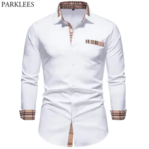 Camisas casuales para hombres PARKLEES 2022 Otoño Plaid Patchwork Formal para hombres Slim Manga larga Blanco Botón Up Camisa Vestido Oficina de negocios Camisas