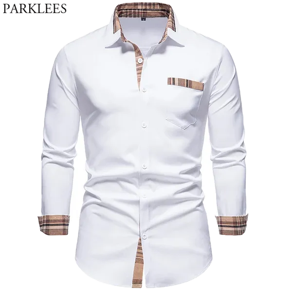 Chemises décontractées pour hommes PARKLEES 2022 automne Plaid Patchwork formel pour hommes mince à manches longues blanc boutonné chemise robe bureau d'affaires Camisas