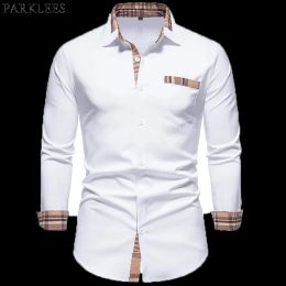 Chemises décontractées pour hommes Parklees 2024 Automne Plaid Patchwork Formel pour hommes Slim Manches longues Blanc Bouton Chemise Robe Bureau d'affaires Camisas