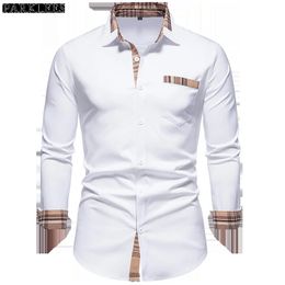 Chemises décontractées pour hommes Parklees Automne Plaid Patchwork Formel pour hommes Slim Manches longues Blanc Bouton Chemise Robe Bureau d'affaires Camisas 230130