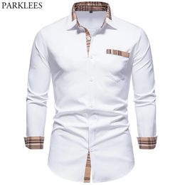Chemises décontractées pour hommes PARKLEES Automne Plaid Patchwork Chemises formelles pour hommes Slim Manches longues Blanc Chemise boutonnée Robe Bureau d'affaires Camisas 220905