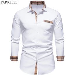 Camisas casuales para hombres Parklees Otoño Plaid Patchwork Formal para hombres Slim Manga larga Botón blanco Camisa Vestido Oficina de negocios Camisas 220930