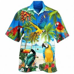 Chemises décontractées pour hommes Parrot 3D Chemises d'impression Hommes Fi Chemise hawaïenne Blouses de plage Blouse à manches courtes Vocati Chemise à revers Garçon M7FL #