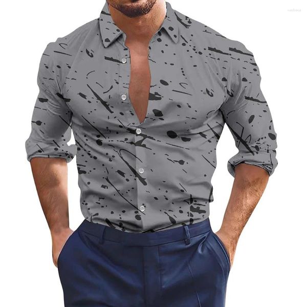 Camisas informales para hombre, camiseta de fiesta, camisa de vestir para hombre, estampado de manga larga con botones, cuello gris/verde/púrpura/rosa S XL