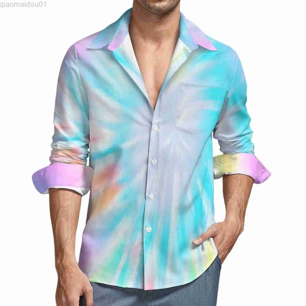 Camisas casuales para hombres Pastel Tie Dye Camisas casuales Hombre Camisa con estampado de arco iris Manga larga Vintage Y2K Blusas Patrón de primavera Ropa Tallas grandes 3XL 4XL L230721