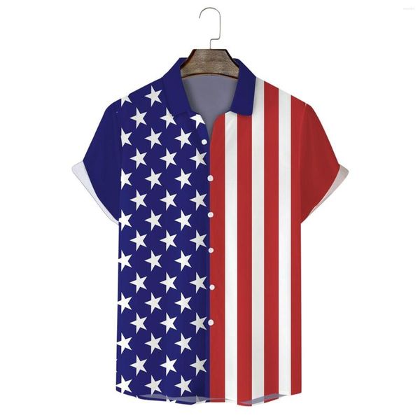 Camisas informales para hombre, patrón de costura para hombre, camisa con bandera del Día de la independencia, botón de solapa, manga corta, estampado de rayas, transpirable, 2023