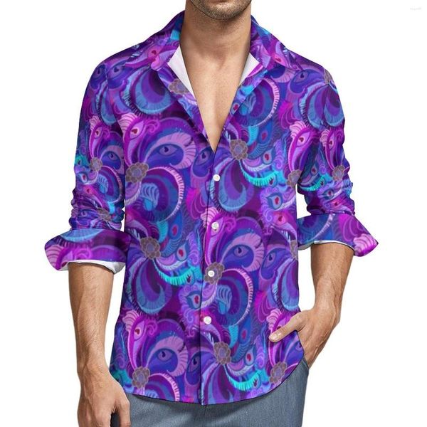 Camisas informales para hombre, diseño de pavo real, camisa estética para hombre, estampado de plumas abstractas, blusas de tendencia de otoño, Top gráfico de manga larga de gran tamaño