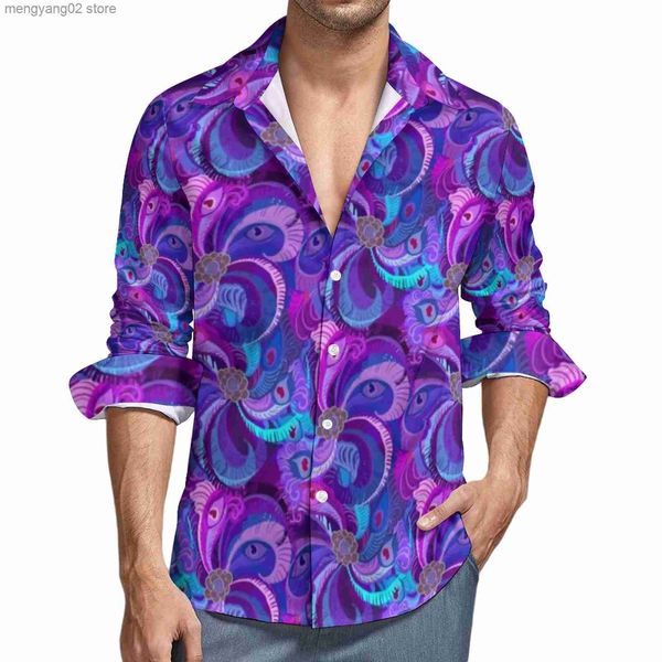 Chemises décontractées pour hommes Conception de paon Chemise décontractée esthétique Homme Chemise à imprimé de plumes abstraite Automne Tendance Blouses À manches longues Graphique Top surdimensionné T230714