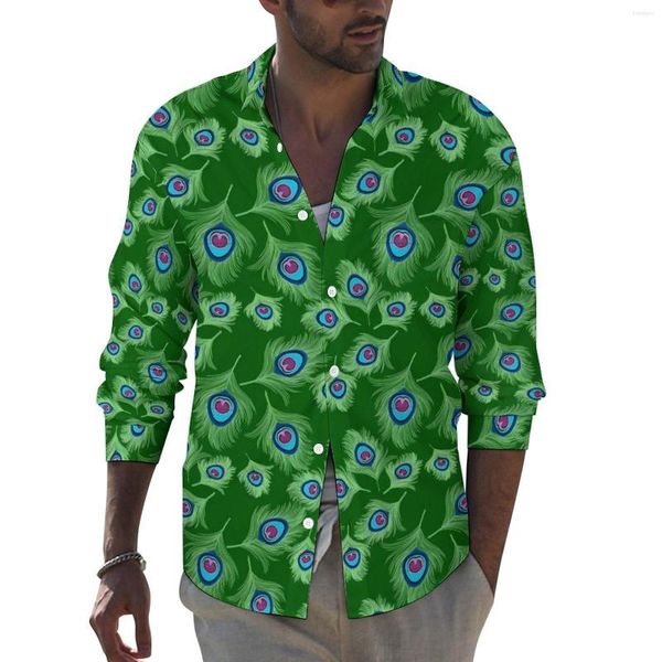 Chemises décontractées pour hommes plumes de paon chemise hommes citron vert et bleu automne Y2K motif Blouses à manches longues à la mode surdimensionné haut idée cadeau