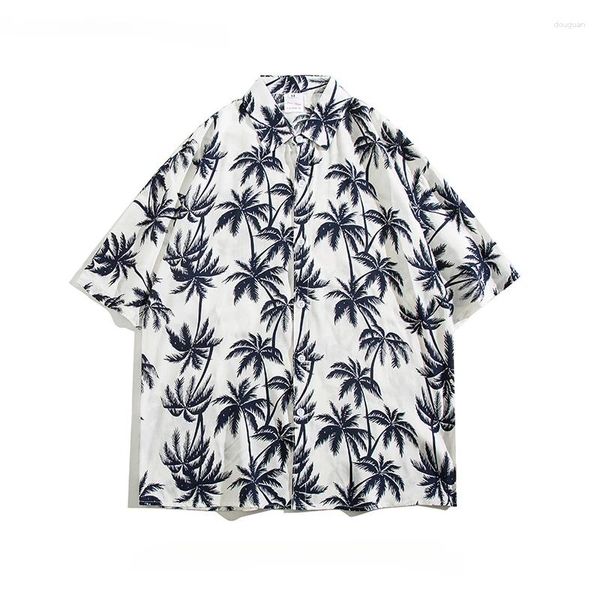 Camisas casuales para hombres Playa Seaside Coconut Tree All-Over Summer impreso japonés Fino suelto de un solo pecho