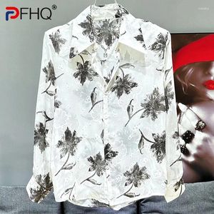 Casual shirts voor heren PFHQ Chinese stijl inkt Was los lange mouwen ijs zijde mannelijke zomer trendy print kunst ademende coole tops 21z4511