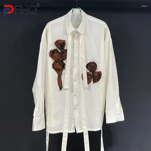 Chemises décontractées pour hommes pfhq en vrac Summer mâle manches longues revers à fleur artisanale conception de ruban simple poitrine cool tops 21Z4301