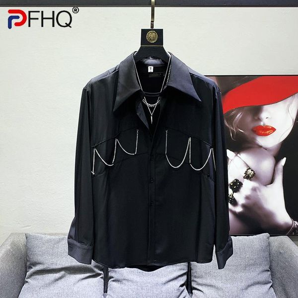 Camisas informales para hombre PFHQ cadena de Metal decorar diseño camisa de manga larga de alta calidad elegante con estilo 2023 Color sólido camisetas originales ropa