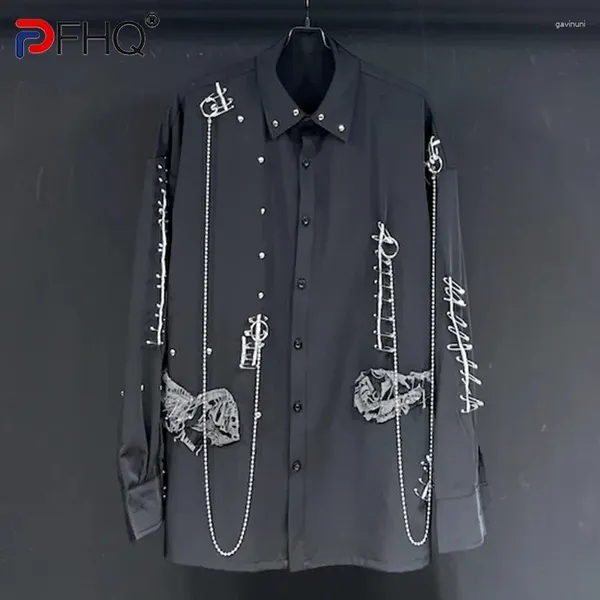 Chemises décontractées pour hommes PFHQ Pin à manches longues Tempérament d'été Haute Quality Talle Down Collar Chain Decoration Beau Tops 21Z4462