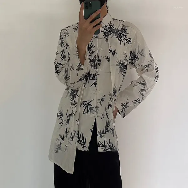 Camisas casuales para hombres PFNW Estilo chino Manga larga Impresión de bambú Splash Tinta Cardigan Empalmado Dial Hebilla Tops 28W1248