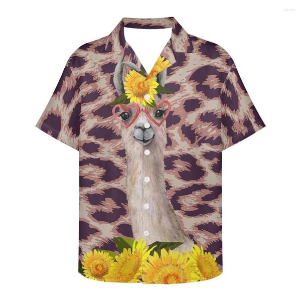 Camisas informales para hombre, estampado de leopardo rosa, Alpaca, girasol, manga corta para hombre, ropa de diseñador para hombre Social, clásico elegante hawaiano