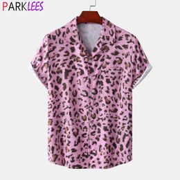 Camisas casuales para hombres Estampado de leopardo rosa Verano de los hombres hawaianos de manga corta tropical Aloha camisa de vacaciones para hombres ropa de playa sexy química Z0224