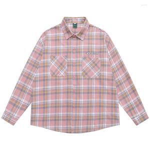 Chemises décontractées pour hommes Chemise en flanelle à carreaux roses à manches longues Automne Col rabattu pour homme