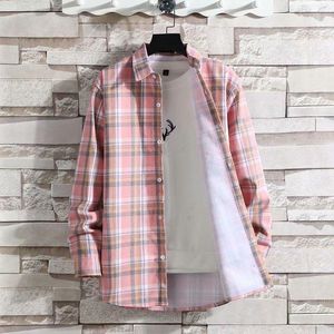 Casual shirts voor heren roze geruite fleece shirt verdikt herenbedrijf slanke Japanse mode kledingmensen's