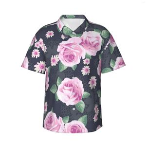 Chemises décontractées pour hommes motifs de fleurs roses roses masculines hawaïennes à manches courtes boutonnées plage florale tropicale