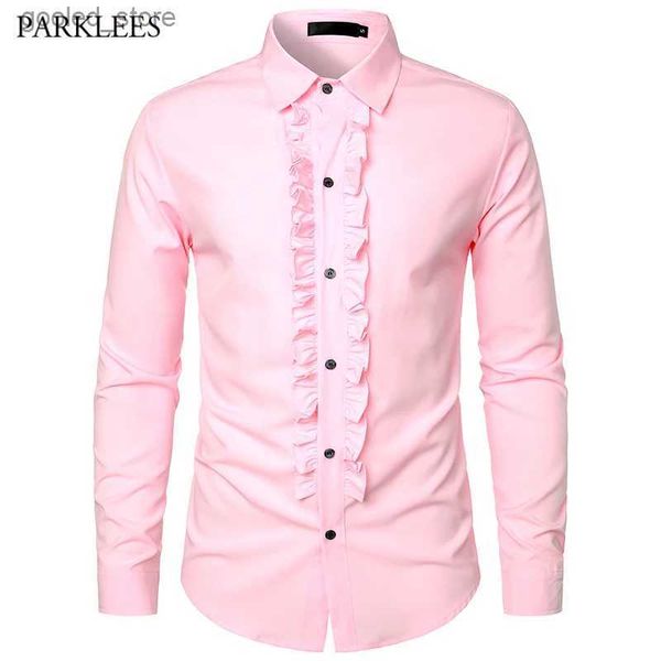 Camisas casuales para hombres Pink Ruffle Ruche Frill Tuxedo Shirt Hombres Retro 70s Manga larga Botón Down Pleats Shirt Mens Wedding Party Cena Chemsie Homme Q231106