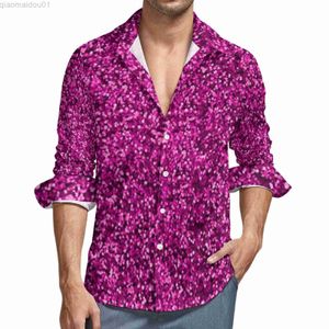 Heren Casual Shirts Roze Pailletten Print Esthetisch Casual Shirt Man Textuur Bling Shirt Herfst Trendy Blouses Lange mouw Custom Oversized Tops L230721