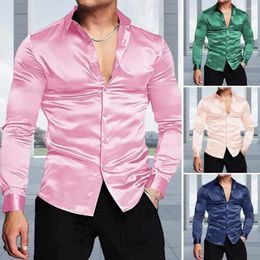 Chemises décontractées pour hommes Rose Soie Satin Luxe Robe Chemise Hommes 2023 Slim Manches Longues Tuxedo Mâle Mariage Club Party Dance Prom Camisas