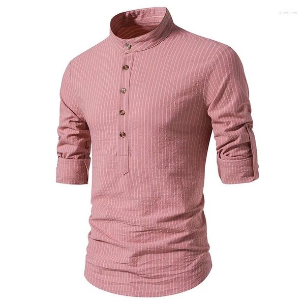 Chemises décontractées pour hommes Chemise boutonnée à rayures roses Hommes 2024 Marque Slim Fit Manches longues Henley Roll Hippie Beach Chemise Homme