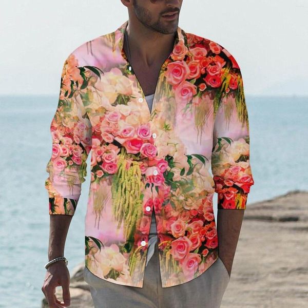 Chemises décontractées pour hommes Rose Vintage Roses Harajuku Chemise Homme Rétro Fleur Imprimé Printemps À La Mode Blouses À Manches Longues Graphique Surdimensionné Haut