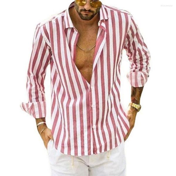 Chemises décontractées pour hommes rose blanc rayé Blouse hauts été mâle OL bouton à manches longues homme chemise surdimensionnée S-5XL FYY-10781