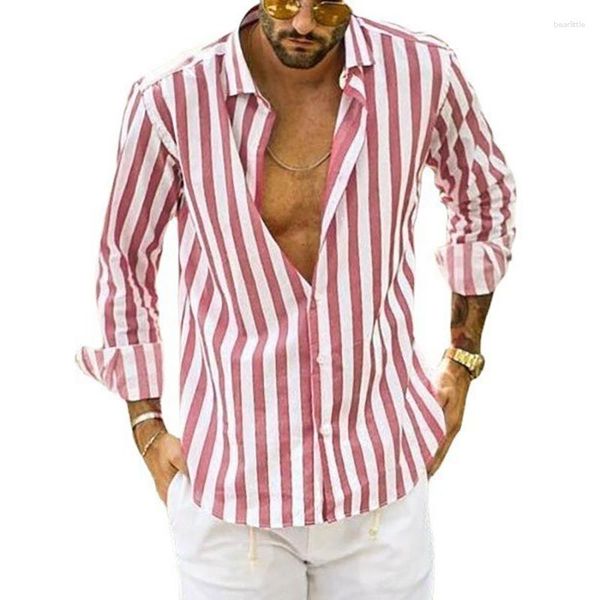 Chemises décontractées pour hommes chemisiers de mode à rayures blanches roses tops mâle ol bouton long manche lâche
