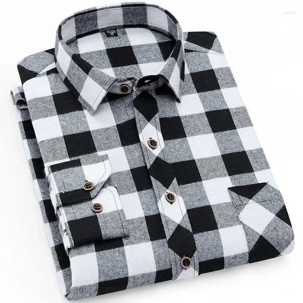 Camisas informales para hombre, camisa cómoda de manga larga cepillada a cuadros con un solo bolsillo, ajuste estándar a la moda, con botones a cuadros