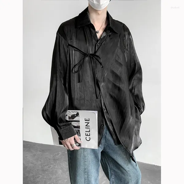 Chemises décontractées pour hommes Couleur unie 2023 Style coréen Pile Up Col Cravate Bouton latéral Mode Solide All-Match Tache à manches longues M-XL