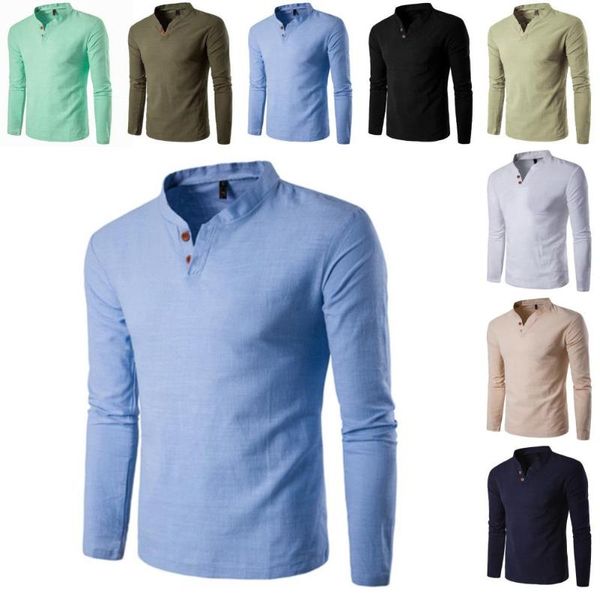 Camisas casuales para hombres Tallas grandes Manga larga Vestido de hombre Botones de lino de algodón Cuello en V Cuello Top Camisas Hombre