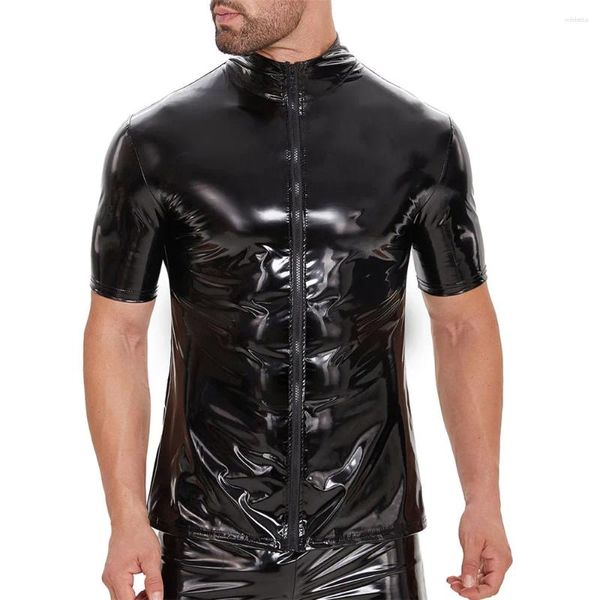 Camisas casuales para hombres Talla grande Cuero de PU brillante para hombres Manga corta Cremallera completa Tops de PVC brillante Wetlook Camisa de látex delgada para hombre