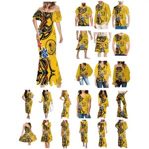 Chemises décontractées pour hommes Polynésien Chuuk Tattoo Prints Vêtements Femmes Robe Correspondant Hommes Chemise Style Confortable Plumeria Jaune Lovers Vêtements