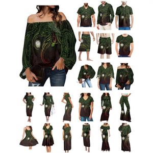 Heren casual shirts Polynesische eilanden Tattoo prints kleding damesjurk bijpassende heren shirtstijl comfortabel zwart groen minnaar