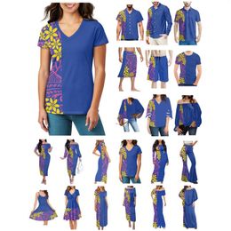 Chemises décontractées pour hommes Polynésien Tonga Hawaii Fidji Guam Samoa Pohnpei Tribal Tattoo Prints Vêtements Femmes Robe Correspondant Hommes Chemise Blue Lovers