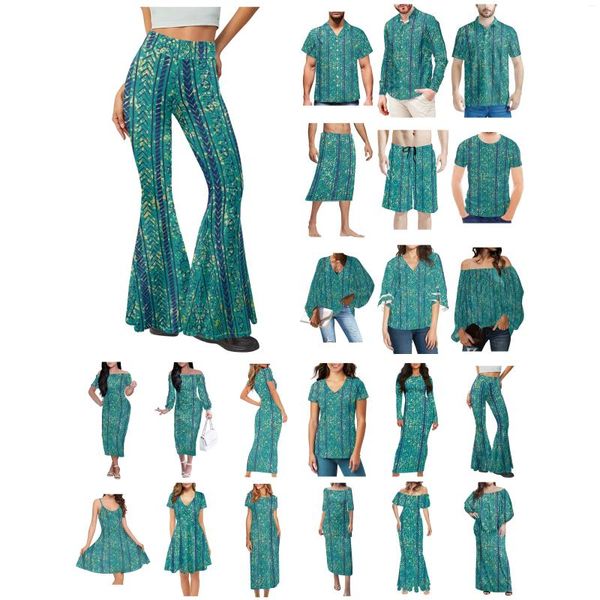 Chemises décontractées pour hommes Polynésien Tonga Hawaii Fidji Guam Samoa Pohnpei Tribal Tattoo Prints Vêtements Femmes Robe Correspondant Hommes Chemise Cyan Lovers