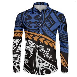 Heren Casual Shirts Polynesische Tribal Fijian Totem Tattoo Fiji Prints Shirt met lange mouwen Heren Kleding Eenvoudige Slim Fit Chemise Homme Formeel