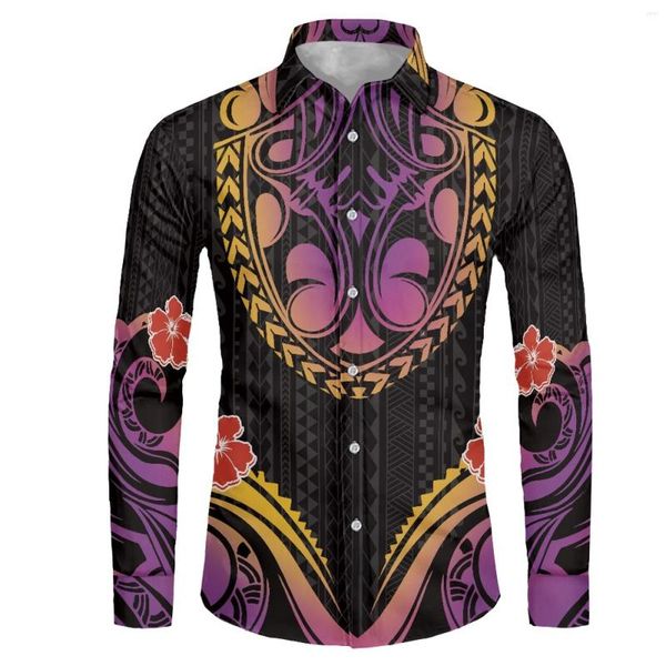 Camisas casuales para hombres Camisa con estampado de tatuajes de tótem tribal polinesio de Guam Camisa de manga larga para hombres sin vestido de bolsillo Fiesta en la playa para hombres