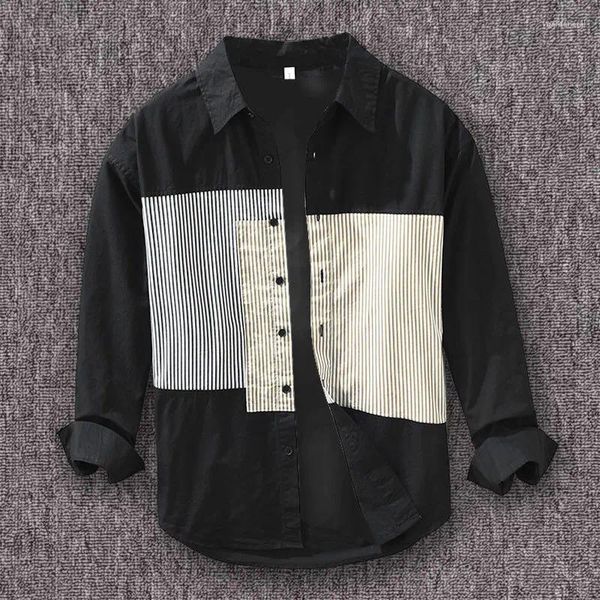 Camisas casuales para hombres Premium Mens Algodón Japonés Raya Patchwork Manga larga Moda Camisa de solapa 2023 en ropa de diseñador