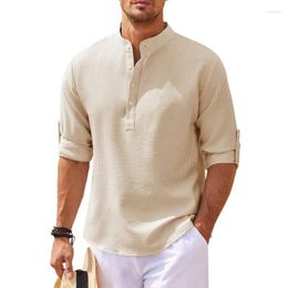Chemises décontractées pour hommes Prévente Coton Lin Manches longues Printemps Automne Couleur unie Col montant Style de plage