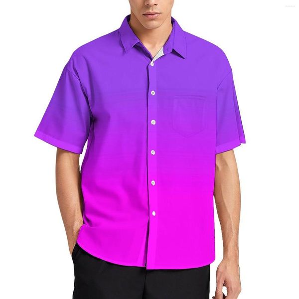 Camisas informales para hombre, camisa de vacaciones de color morado neón y rosa, blusas hawaianas de tendencia, tallas grandes para hombre