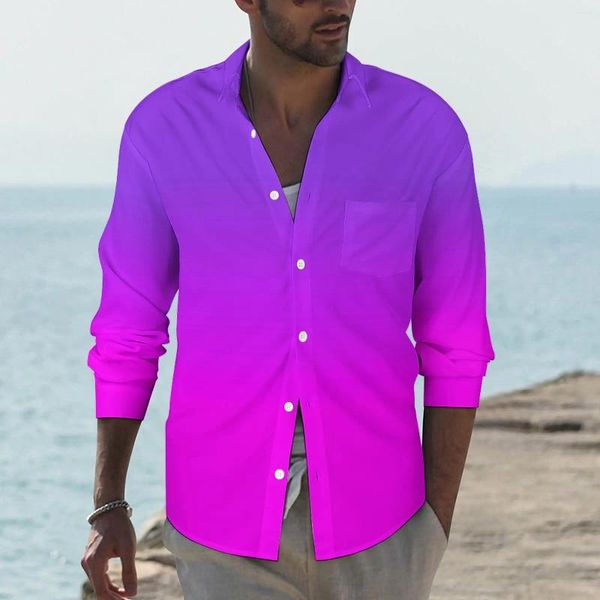 Camisas informales para hombre, camisa estampada, primavera, neón, morado y rosa, blusas de tendencia para hombre, Top estético de manga larga de talla grande 4XL