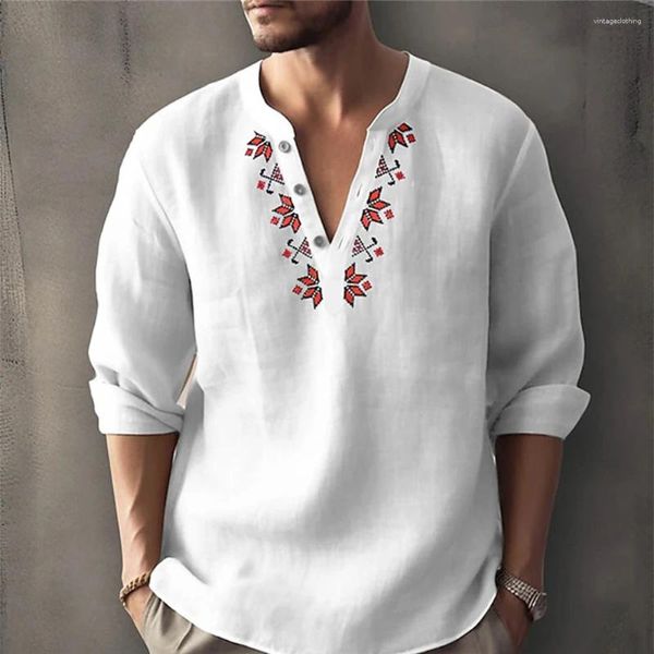 Camisas informales para hombre, blusa estampada de manga larga con botones, blusas holgadas Henley con cuello en V, camisetas de playa, ropa para hombre