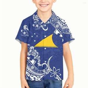 Casual shirts voor heren gedrukt op Demand Polynesische tribal Samoan Tokelau Islands Kids Kinderen Kort Mouw Button Down Boys V-Neck Shirt