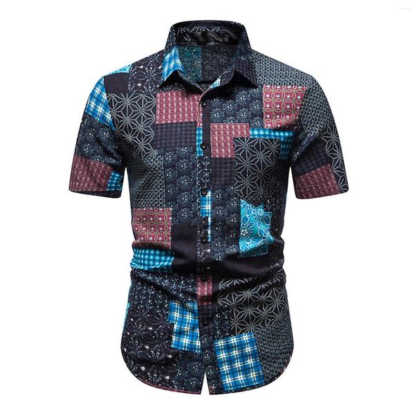 Camisas casuales para hombres Impresión para hombre Camisa de manga corta con botones de verano con cuello de cobertura de bolsillo Blusas masculinas adelgazantes Ropa de playa